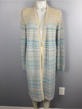 Ann Taylor Long Chevron Cardigan Duster Women M Multicolor Open Front Boho Chic